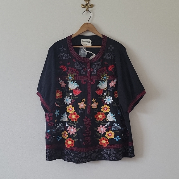 NWT Savanna Jane Black Floral Embroidered Beaded Button Down Top Size 2X - Picture 1 of 9